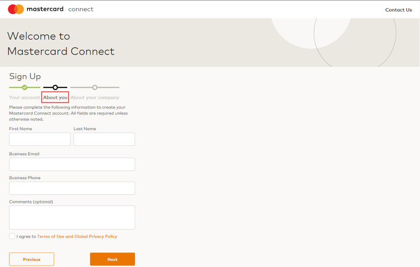 A screenshot showing the About You form of Mastercard Connect Sign Up